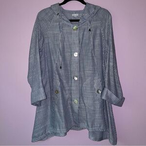 Sigrid Olsen Size L Linen Hooded Jacket Blue White Stripe Coastal Lagenlook